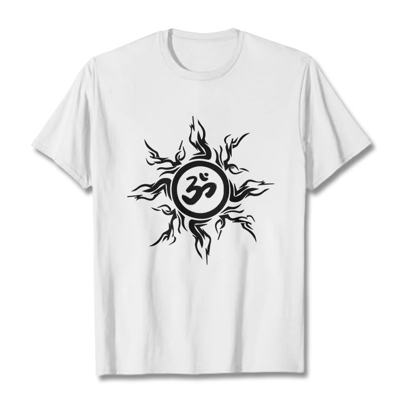 Buddha Stones Sunburst Pattern Surrounding An Om Symbol Pattern Cotton Tee T-shirt - White - 2XL - image 1