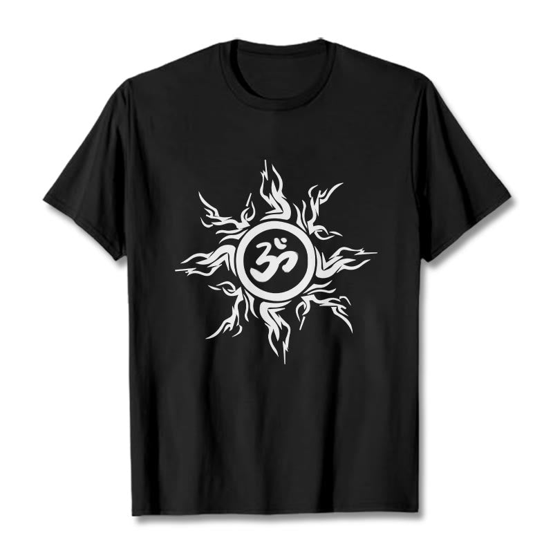 Buddha Stones Sunburst Pattern Surrounding An Om Symbol Pattern Cotton Tee T-shirt - Black - 2XL - image 5