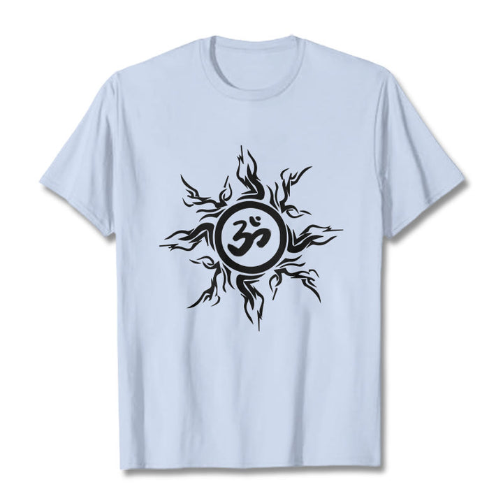 Buddha Stones Sunburst Pattern Surrounding An Om Symbol Pattern Cotton Tee T-shirt - LightCyan - 2XL - image 19