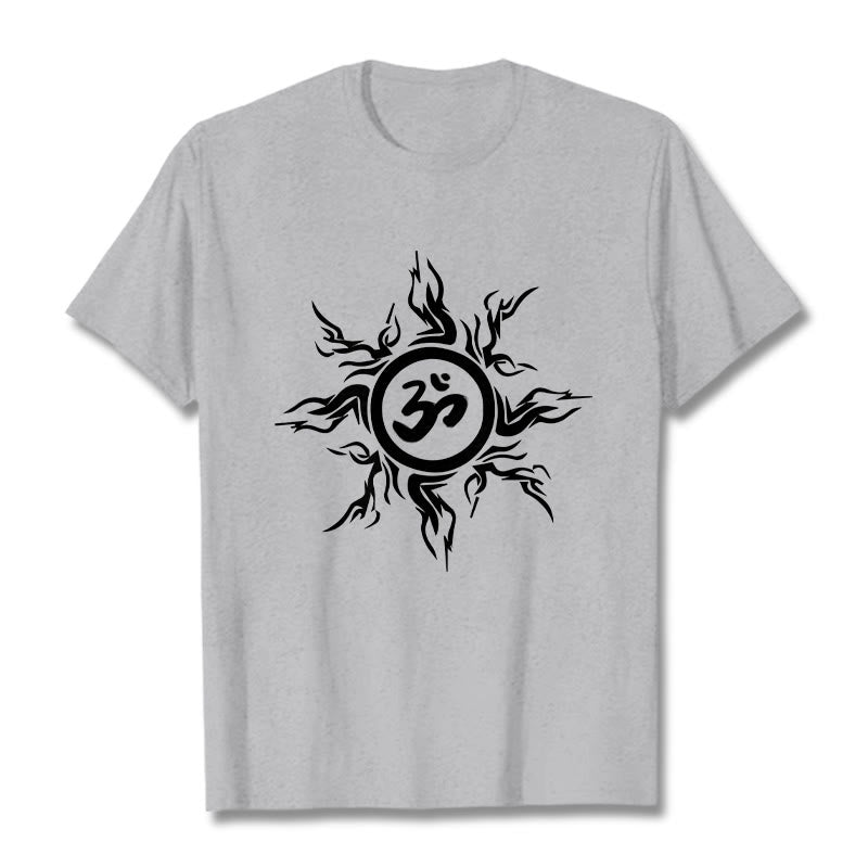Buddha Stones Sunburst Pattern Surrounding An Om Symbol Pattern Cotton Tee T-shirt - LightGrey - 2XL - image 20