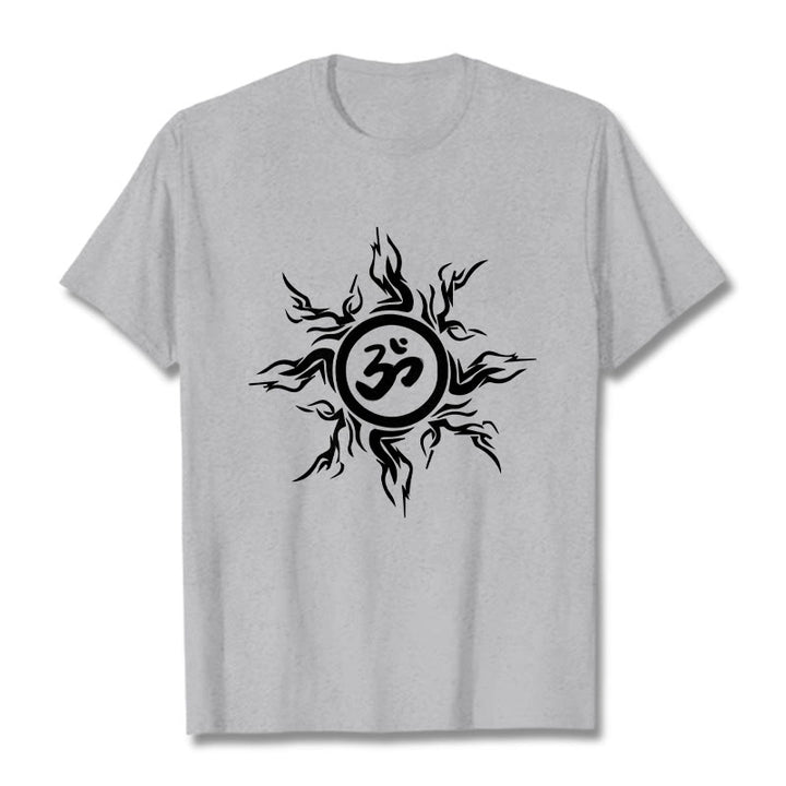 Buddha Stones Sunburst Pattern Surrounding An Om Symbol Pattern Cotton Tee T-shirt - LightGrey - 2XL - image 20
