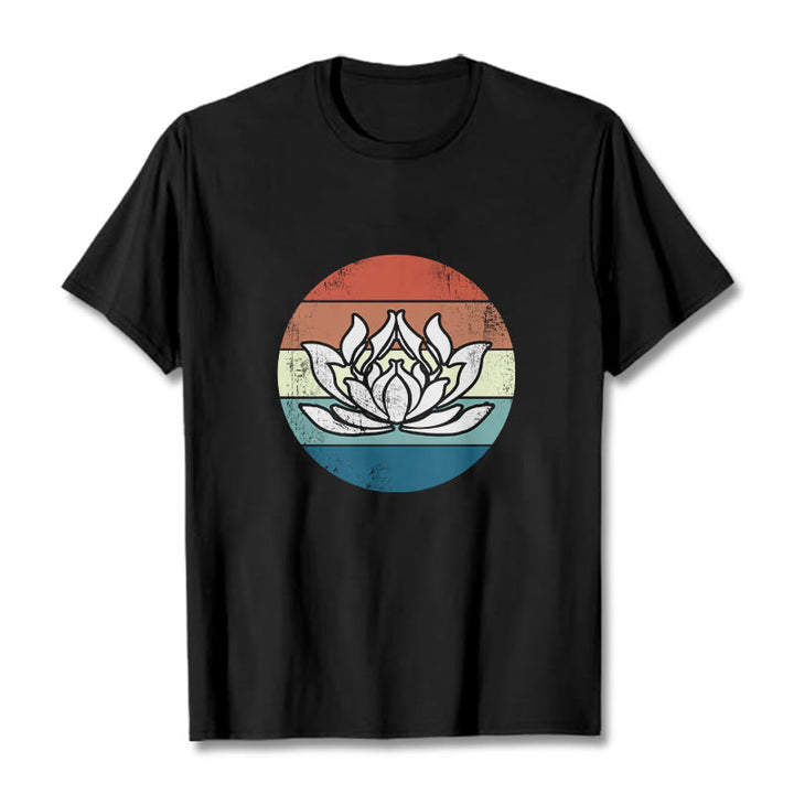 Buddha Stones Blooming Lotus Colorful Striped Pattern Cotton Tee T-shirt - Black - 2XL - image 1