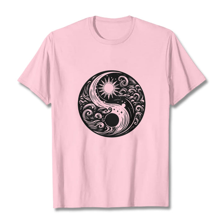 Buddha Stones Sun Moon Waves Yin Yang Pattern Cotton Tee T-shirt - LightPink - 2XL - image 13