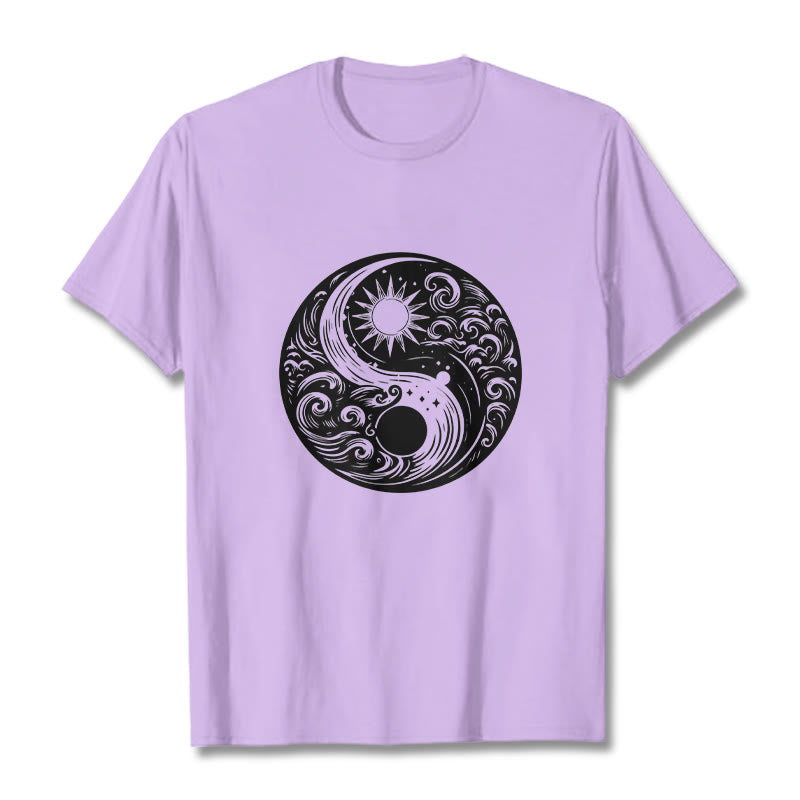Buddha Stones Sun Moon Waves Yin Yang Pattern Cotton Tee T-shirt - Plum - 2XL - image 17