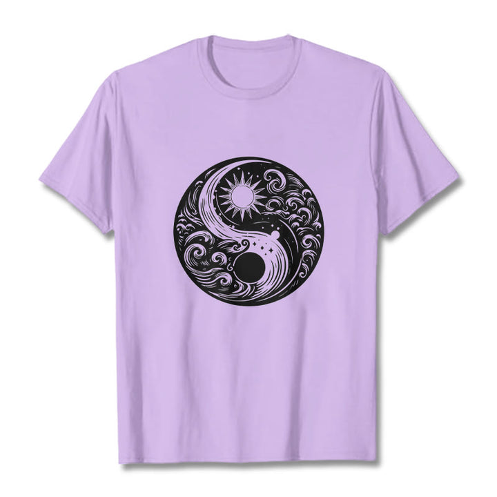 Buddha Stones Sun Moon Waves Yin Yang Pattern Cotton Tee T-shirt - Plum - 2XL - image 17