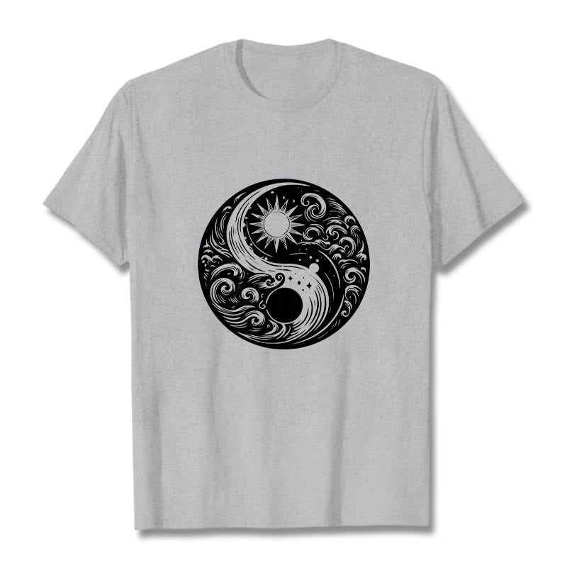Buddha Stones Sun Moon Waves Yin Yang Pattern Cotton Tee T-shirt - LightGrey - 2XL - image 20