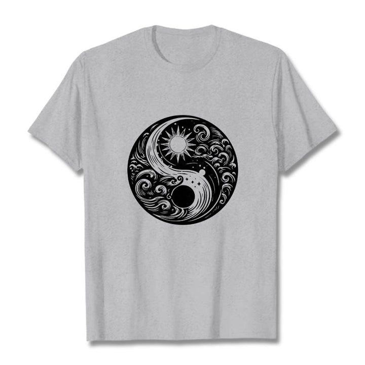 Buddha Stones Sun Moon Waves Yin Yang Pattern Cotton Tee T-shirt - LightGrey - 2XL - image 20