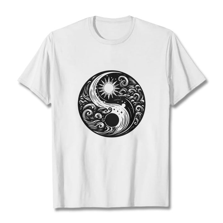 Buddha Stones Sun Moon Waves Yin Yang Pattern Cotton Tee T-shirt - White - 2XL - image 1