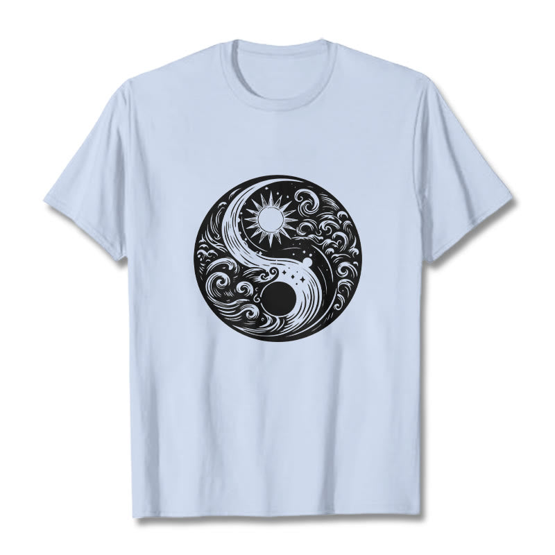 Buddha Stones Sun Moon Waves Yin Yang Pattern Cotton Tee T-shirt - LightCyan - 2XL - image 19
