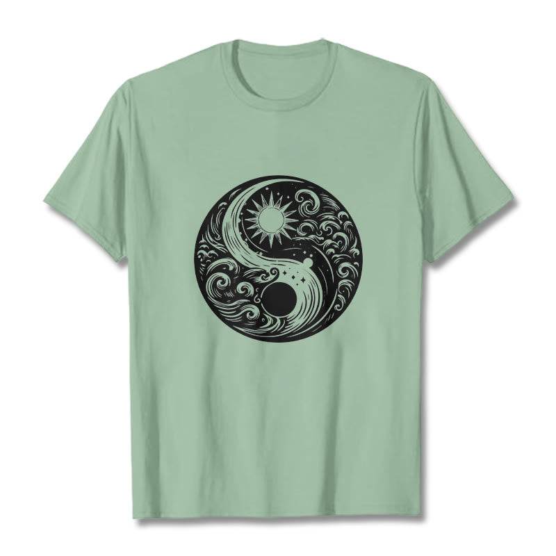 Buddha Stones Sun Moon Waves Yin Yang Pattern Cotton Tee T-shirt - PaleGreen - 2XL - image 15
