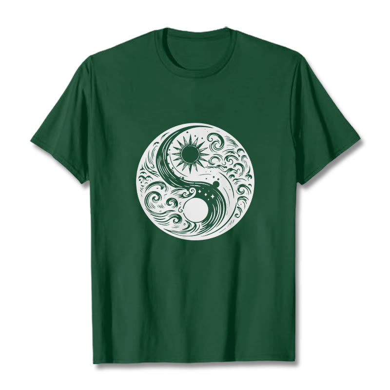 Buddha Stones Sun Moon Waves Yin Yang Pattern Cotton Tee T-shirt - ForestGreen - 2XL - image 11