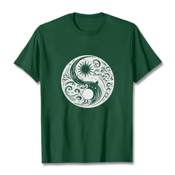 Buddha Stones Sun Moon Waves Yin Yang Pattern Cotton Tee T-shirt - ForestGreen - 2XL - image 11