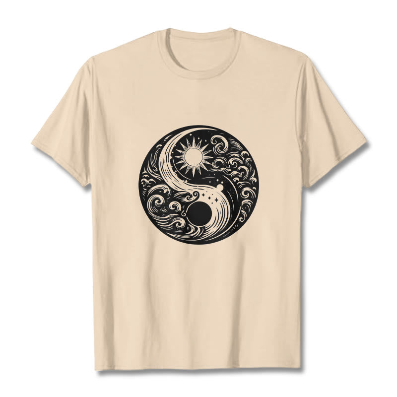 Buddha Stones Sun Moon Waves Yin Yang Pattern Cotton Tee T-shirt - Bisque - 2XL - image 9