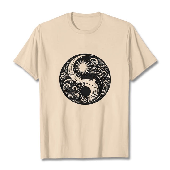 Buddha Stones Sun Moon Waves Yin Yang Pattern Cotton Tee T-shirt - Bisque - 2XL - image 9