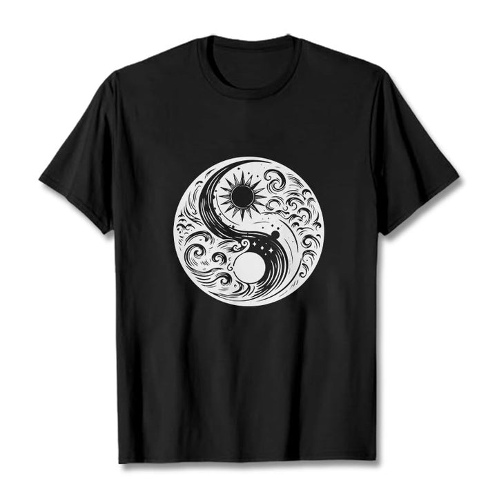 Buddha Stones Sun Moon Waves Yin Yang Pattern Cotton Tee T-shirt - Black - 2XL - image 5