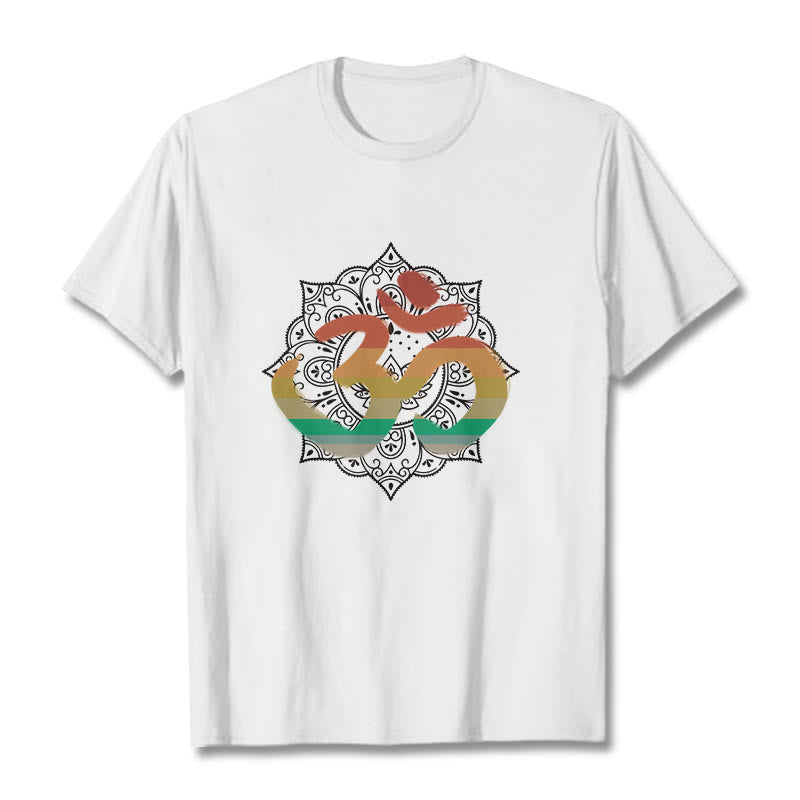 Buddha Stones Gradient-colored Om Sanskrit Mandala Background Pattern Cotton Tee T-shirt - White - 2XL - image 4