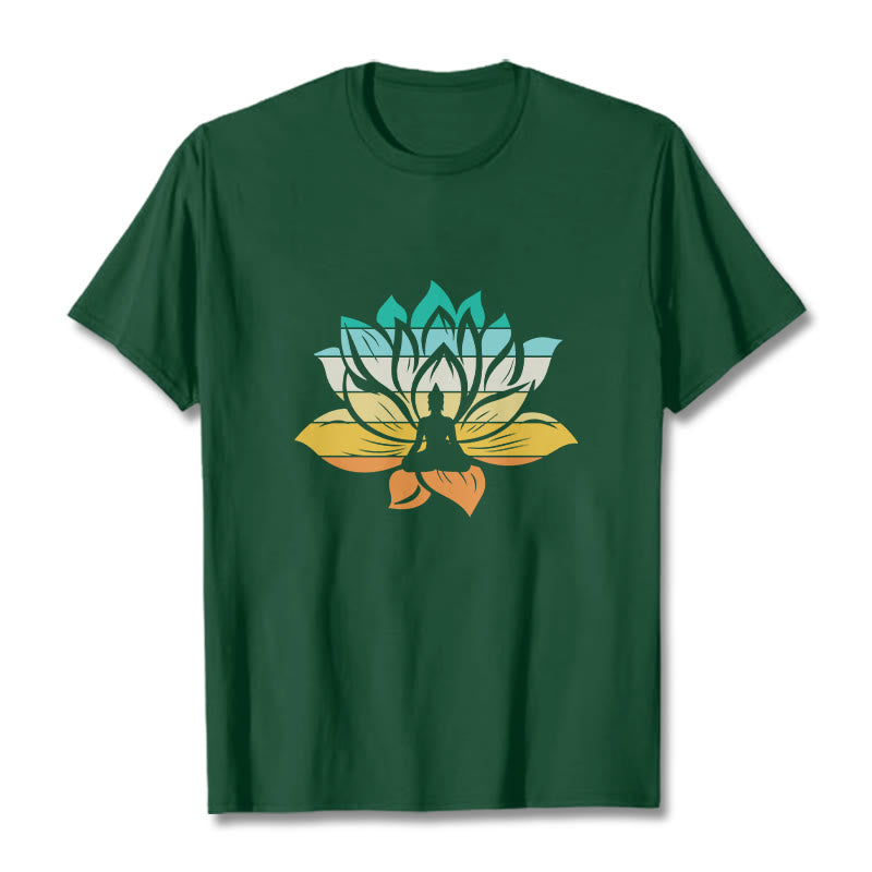 Buddha Stones Gradient-colored Lotus Flower Buddha Meditation Cotton Tee T-shirt - ForestGreen - 2XL - image 11