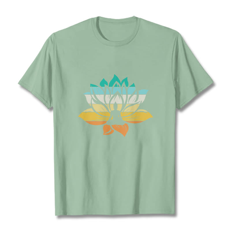 Buddha Stones Gradient-colored Lotus Flower Buddha Meditation Cotton Tee T-shirt - PaleGreen - 2XL - image 15