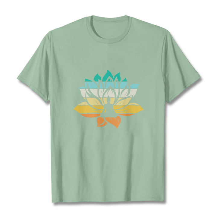 Buddha Stones Gradient-colored Lotus Flower Buddha Meditation Cotton Tee T-shirt - PaleGreen - 2XL - image 15