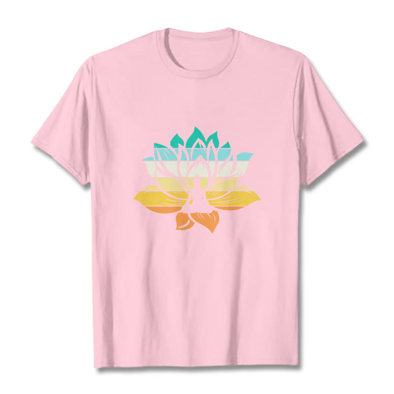 Buddha Stones Gradient-colored Lotus Flower Buddha Meditation Cotton Tee T-shirt - LightPink - 2XL - image 13