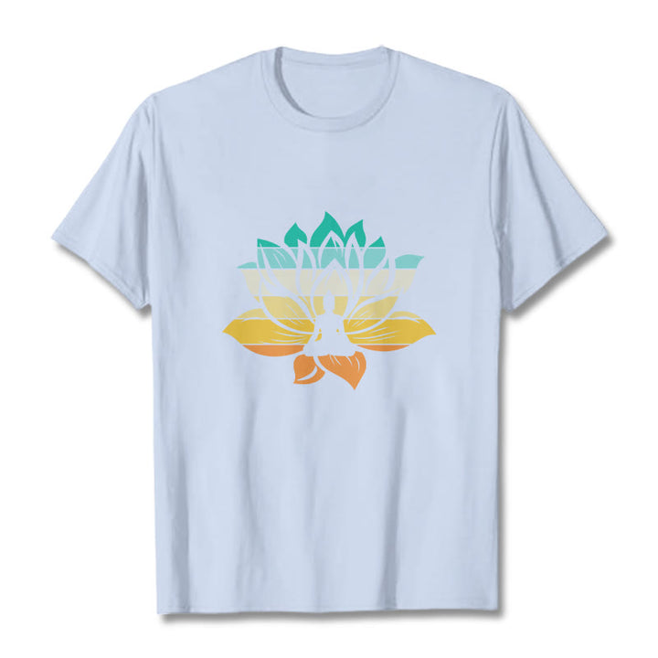 Buddha Stones Gradient-colored Lotus Flower Buddha Meditation Cotton Tee T-shirt - LightCyan - 2XL - image 19