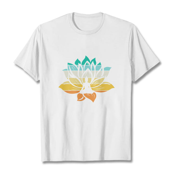 Buddha Stones Gradient-colored Lotus Flower Buddha Meditation Cotton Tee T-shirt - White - 2XL - image 6