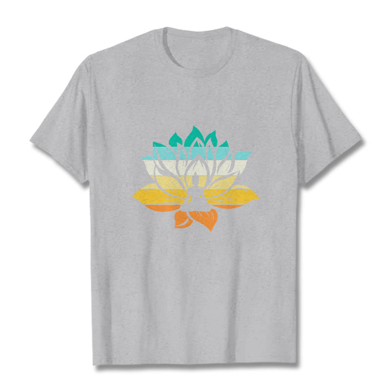 Buddha Stones Gradient-colored Lotus Flower Buddha Meditation Cotton Tee T-shirt - LightGrey - 2XL - image 20