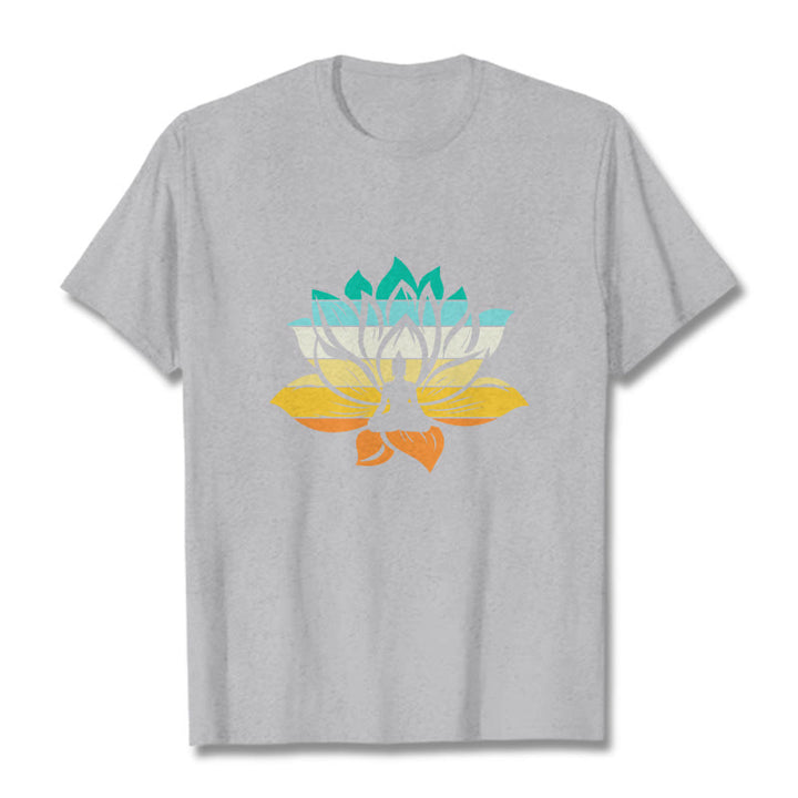 Buddha Stones Gradient-colored Lotus Flower Buddha Meditation Cotton Tee T-shirt - LightGrey - 2XL - image 20