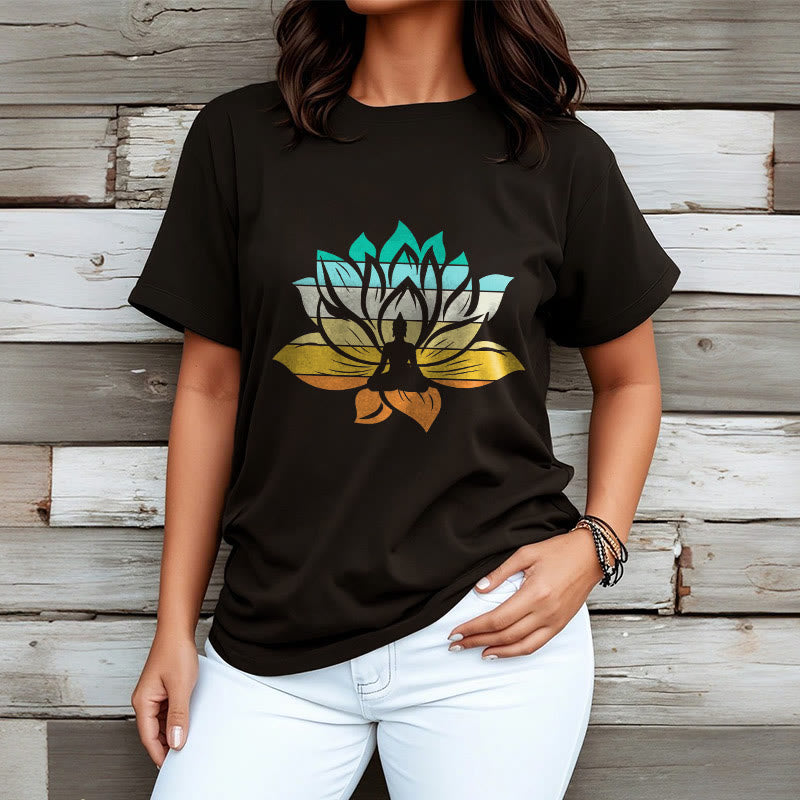 Buddha Stones Gradient-colored Lotus Flower Buddha Meditation Cotton Tee T-shirt - image 3