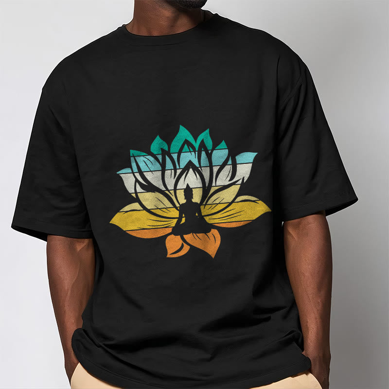Buddha Stones Gradient-colored Lotus Flower Buddha Meditation Cotton Tee T-shirt - image 2