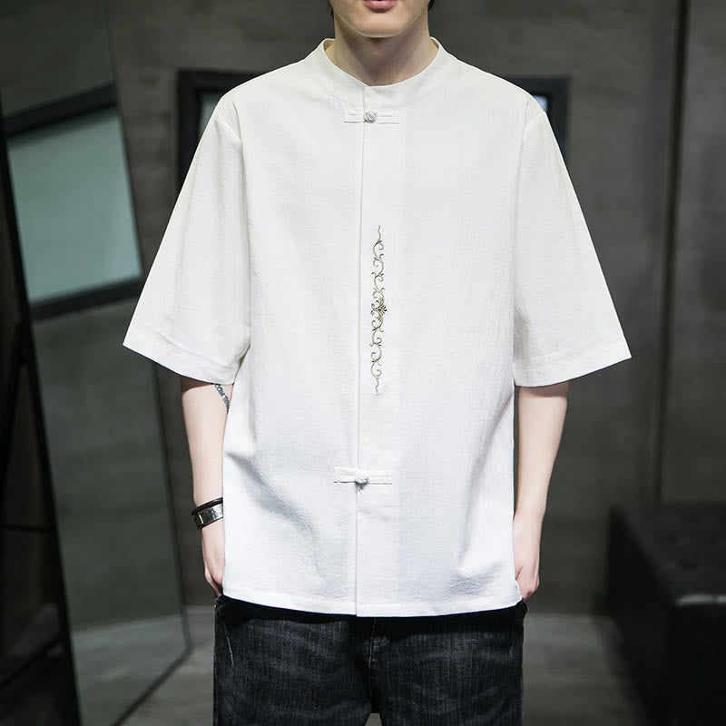 Buddha Stones Casual Solid Color Frog-Button Embroidery Men's Cotton Linen Shirt Cardigan - White - US/UK/AU46,EU56 (5XL) - image 25