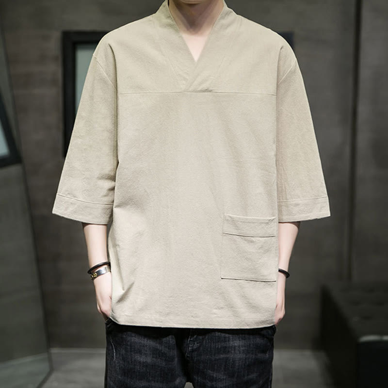 Buddha Stones Summer Casual Simple V-Neck Design Men's Cotton Linen Three Quarter Sleeve T-Shirt With Front Pocket - image 1