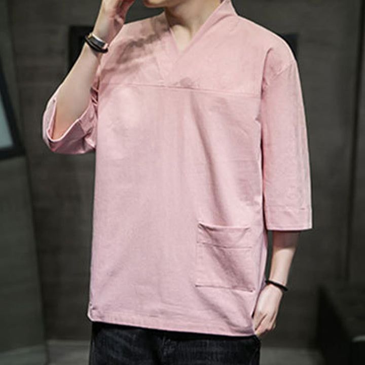 Buddha Stones Summer Casual Simple V-Neck Design Men's Cotton Linen Three Quarter Sleeve T-Shirt With Front Pocket - image 13