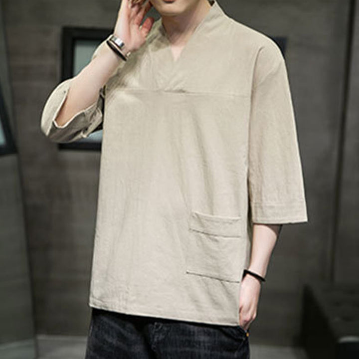 Buddha Stones Summer Casual Simple V-Neck Design Men's Cotton Linen Three Quarter Sleeve T-Shirt With Front Pocket - image 4