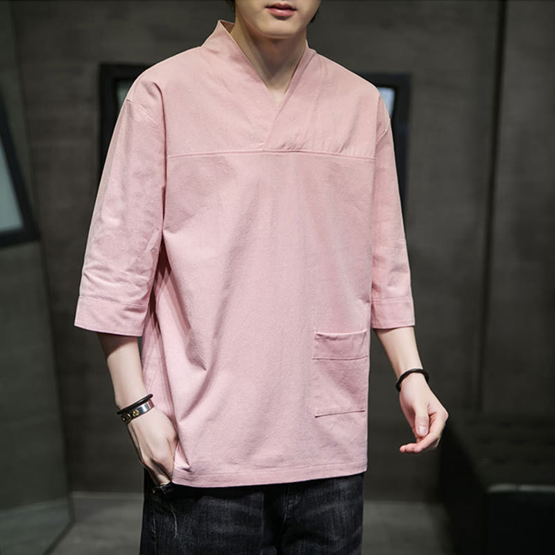 Buddha Stones Summer Casual Simple V-Neck Design Men's Cotton Linen Three Quarter Sleeve T-Shirt With Front Pocket - image 11