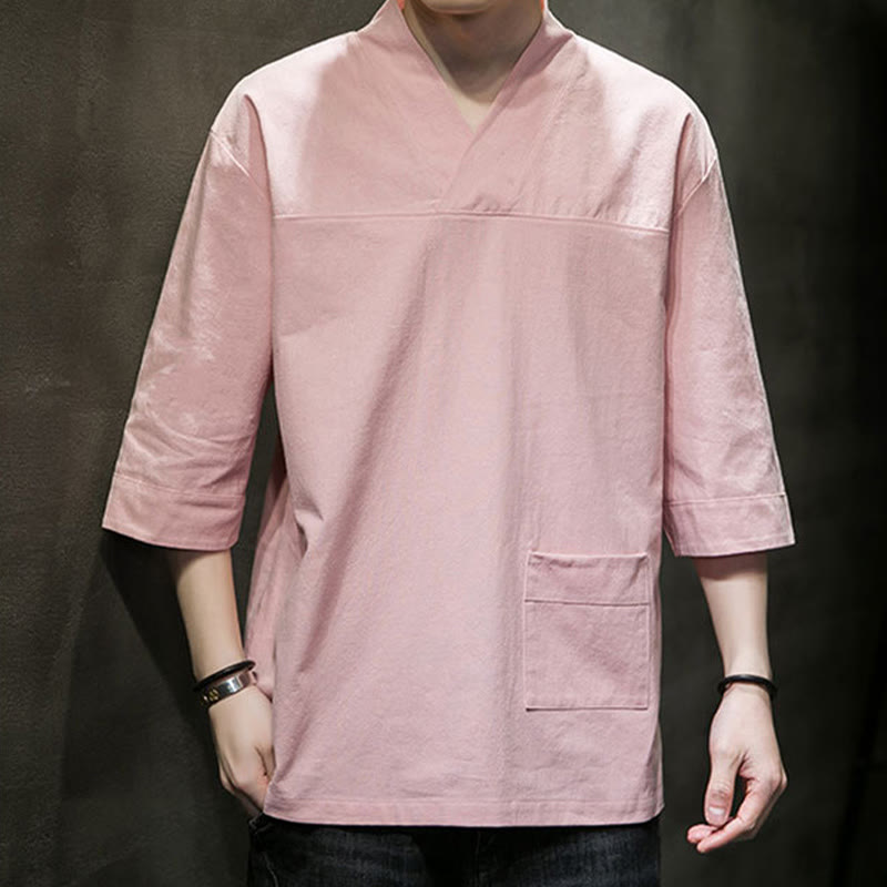 Buddha Stones Summer Casual Simple V-Neck Design Men's Cotton Linen Three Quarter Sleeve T-Shirt With Front Pocket - image 15