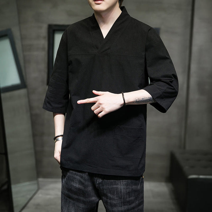 Buddha Stones Summer Casual Simple V-Neck Design Men's Cotton Linen Three Quarter Sleeve T-Shirt With Front Pocket - image 18