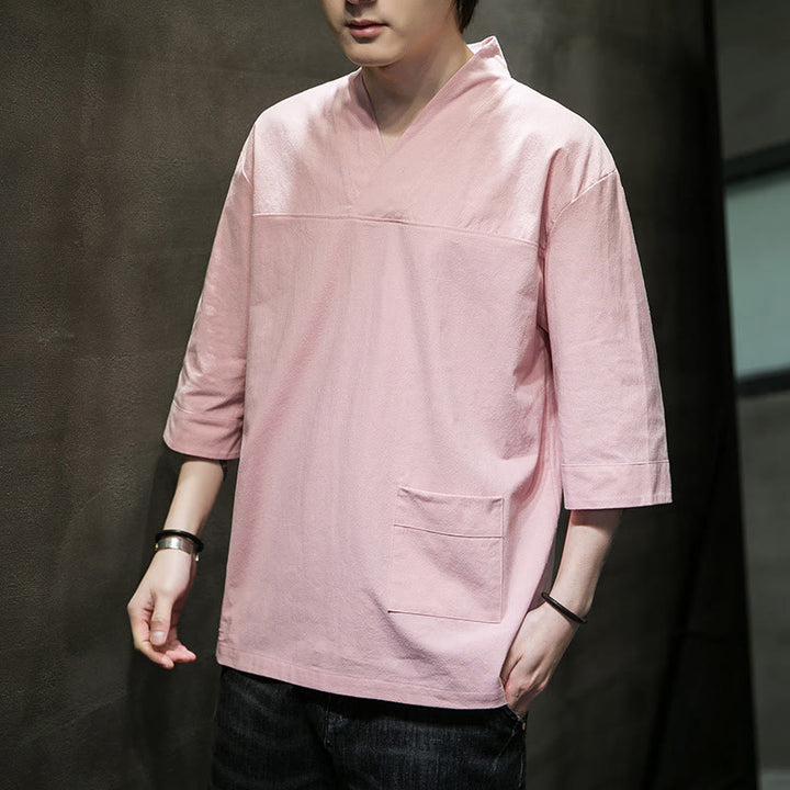 Buddha Stones Summer Casual Simple V-Neck Design Men's Cotton Linen Three Quarter Sleeve T-Shirt With Front Pocket - Pink - US/UK/AU46,EU56 (5XL) - image 9