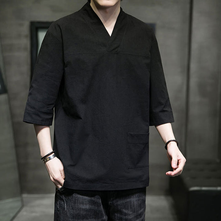 Buddha Stones Summer Casual Simple V-Neck Design Men's Cotton Linen Three Quarter Sleeve T-Shirt With Front Pocket - image 21