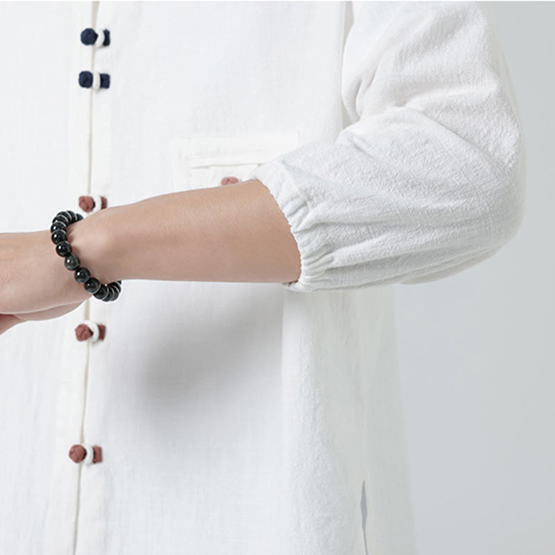 Buddha Stones Summer Frog-Button Front Stand Collar Men's Three Quarter Sleeve Cotton Shirt Cardigan With Pocket