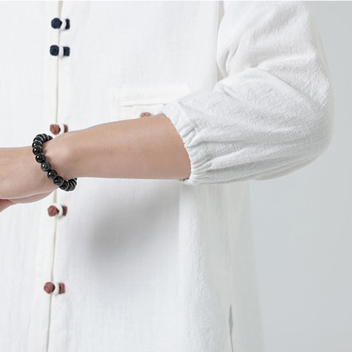 Buddha Stones Summer Frog-Button Front Stand Collar Men's Three Quarter Sleeve Cotton Shirt Cardigan With Pocket