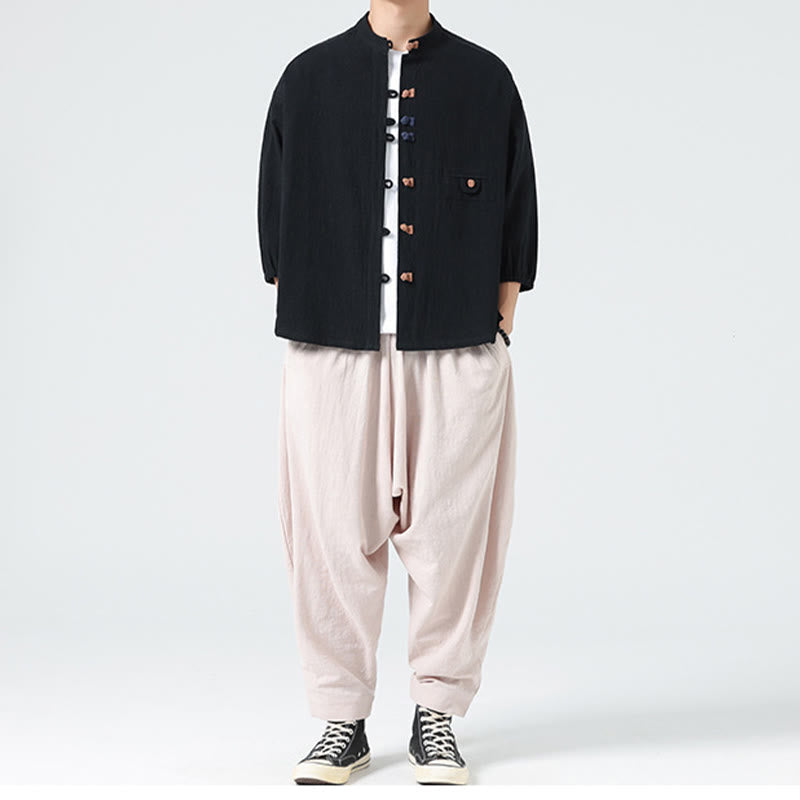 Buddha Stones Summer Frog-Button Front Stand Collar Men's Three Quarter Sleeve Cotton Shirt Cardigan With Pocket