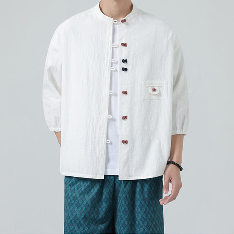Buddha Stones Summer Frog-Button Front Stand Collar Men's Three Quarter Sleeve Cotton Shirt Cardigan With Pocket