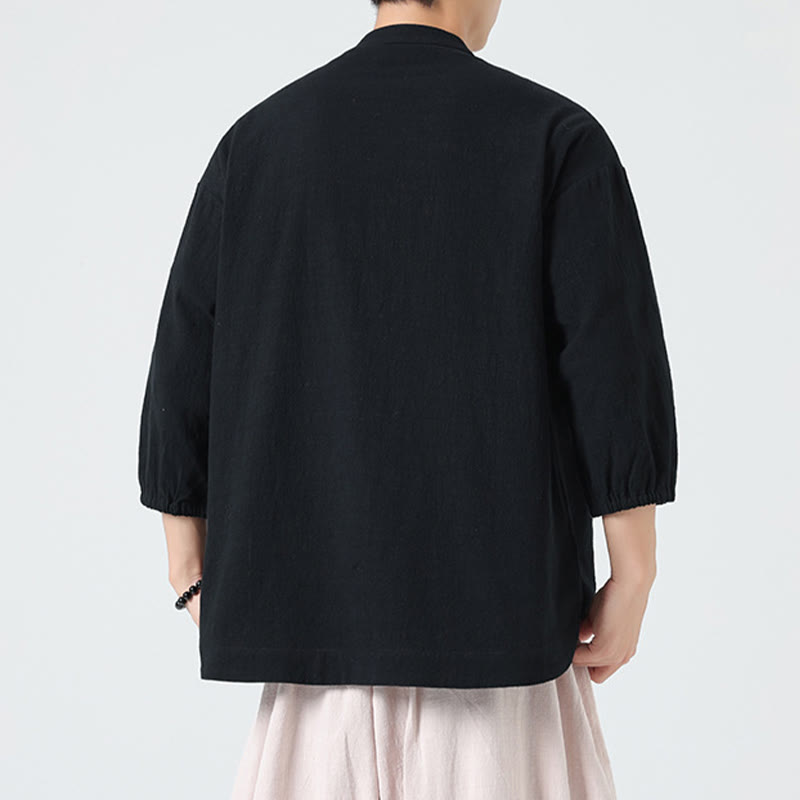 Buddha Stones Summer Frog-Button Front Stand Collar Men's Three Quarter Sleeve Cotton Shirt Cardigan With Pocket