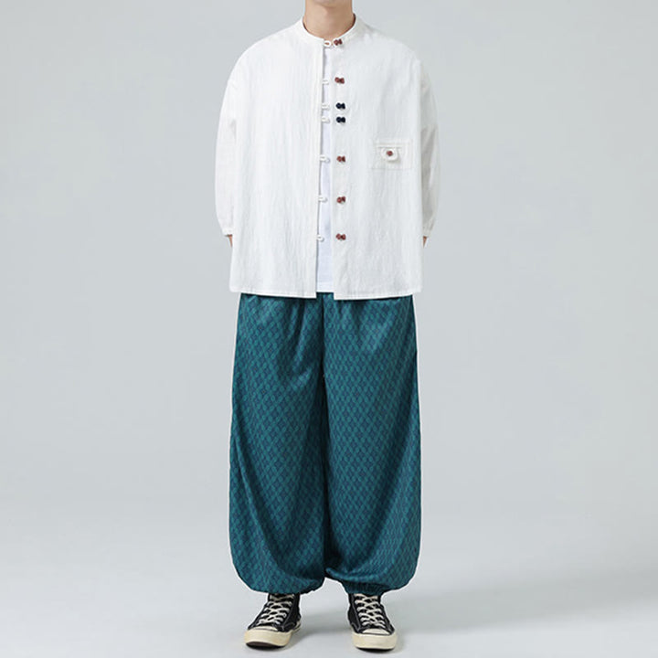 Buddha Stones Summer Frog-Button Front Stand Collar Men's Three Quarter Sleeve Cotton Shirt Cardigan With Pocket