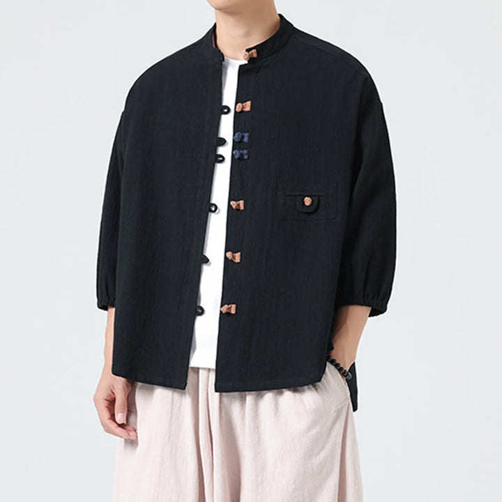Buddha Stones Summer Frog-Button Front Stand Collar Men's Three Quarter Sleeve Cotton Shirt Cardigan With Pocket