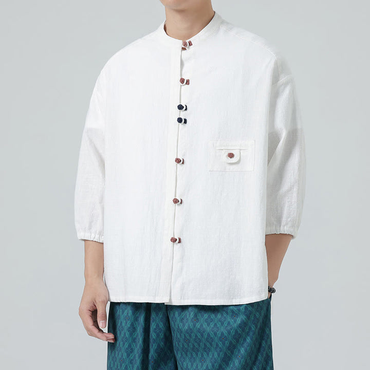 Buddha Stones Summer Frog-Button Front Stand Collar Men's Three Quarter Sleeve Cotton Shirt Cardigan With Pocket