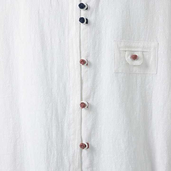 Buddha Stones Summer Frog-Button Front Stand Collar Men's Three Quarter Sleeve Cotton Shirt Cardigan With Pocket