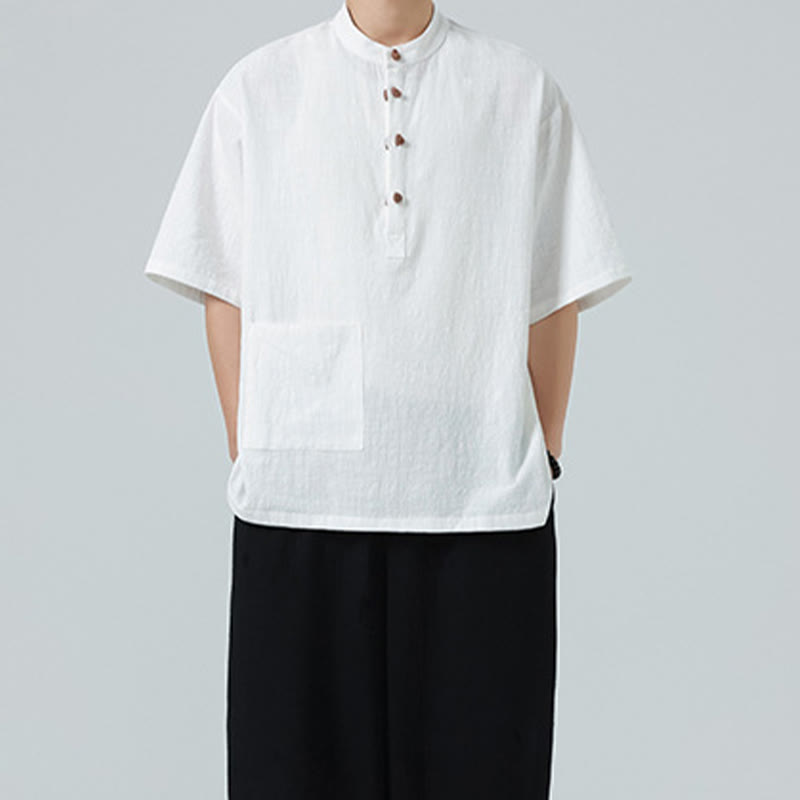 Buddha Stones Casual Half Frog-Button Design Stand Collar Tang Suit Men's Half Sleeve Cotton Shirt With Pocket
