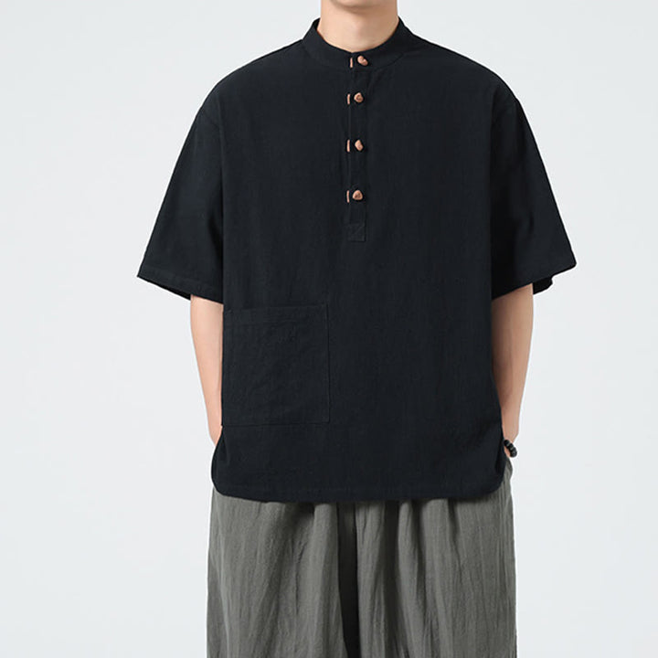 Buddha Stones Casual Half Frog-Button Design Stand Collar Tang Suit Men's Half Sleeve Cotton Shirt With Pocket